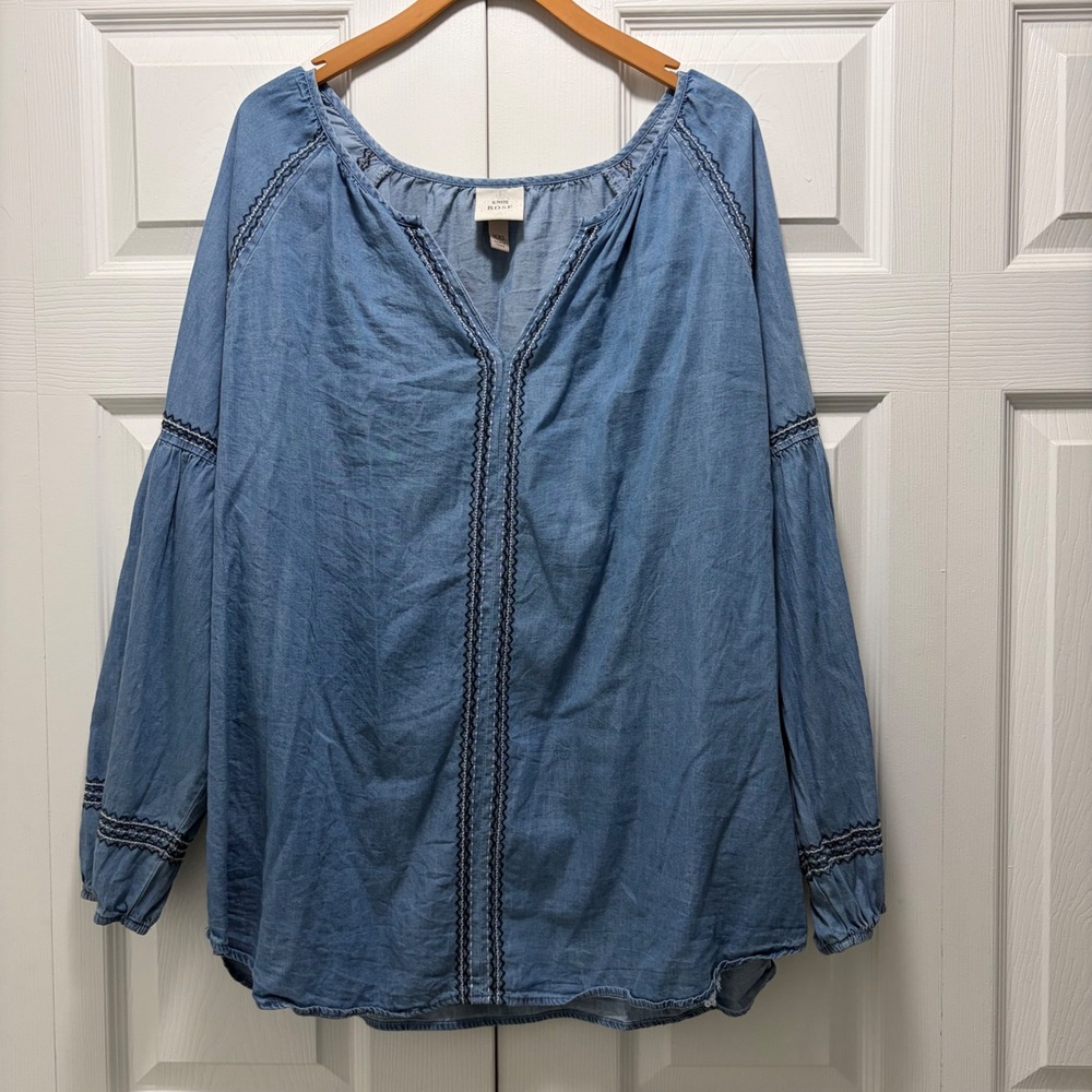 Knox Rose Women XXL Blue Embroidered Chambray Boho Balloon Sleeve Blouse Top